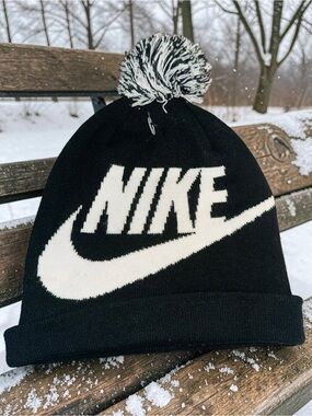 Nike Beanie With Pom Black/White Child One Size Swoosh Logo Outdoor
